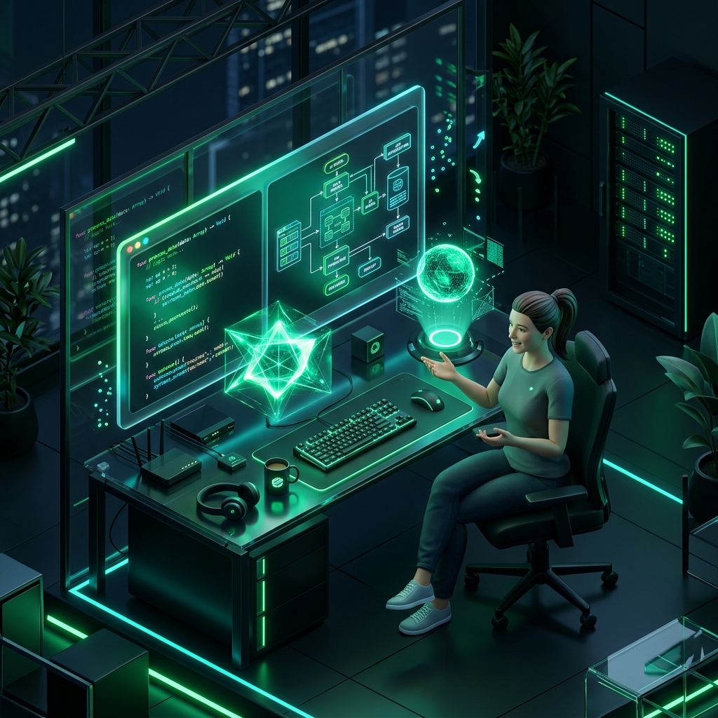 Developer with holographic AI companion workspace Isometric preview